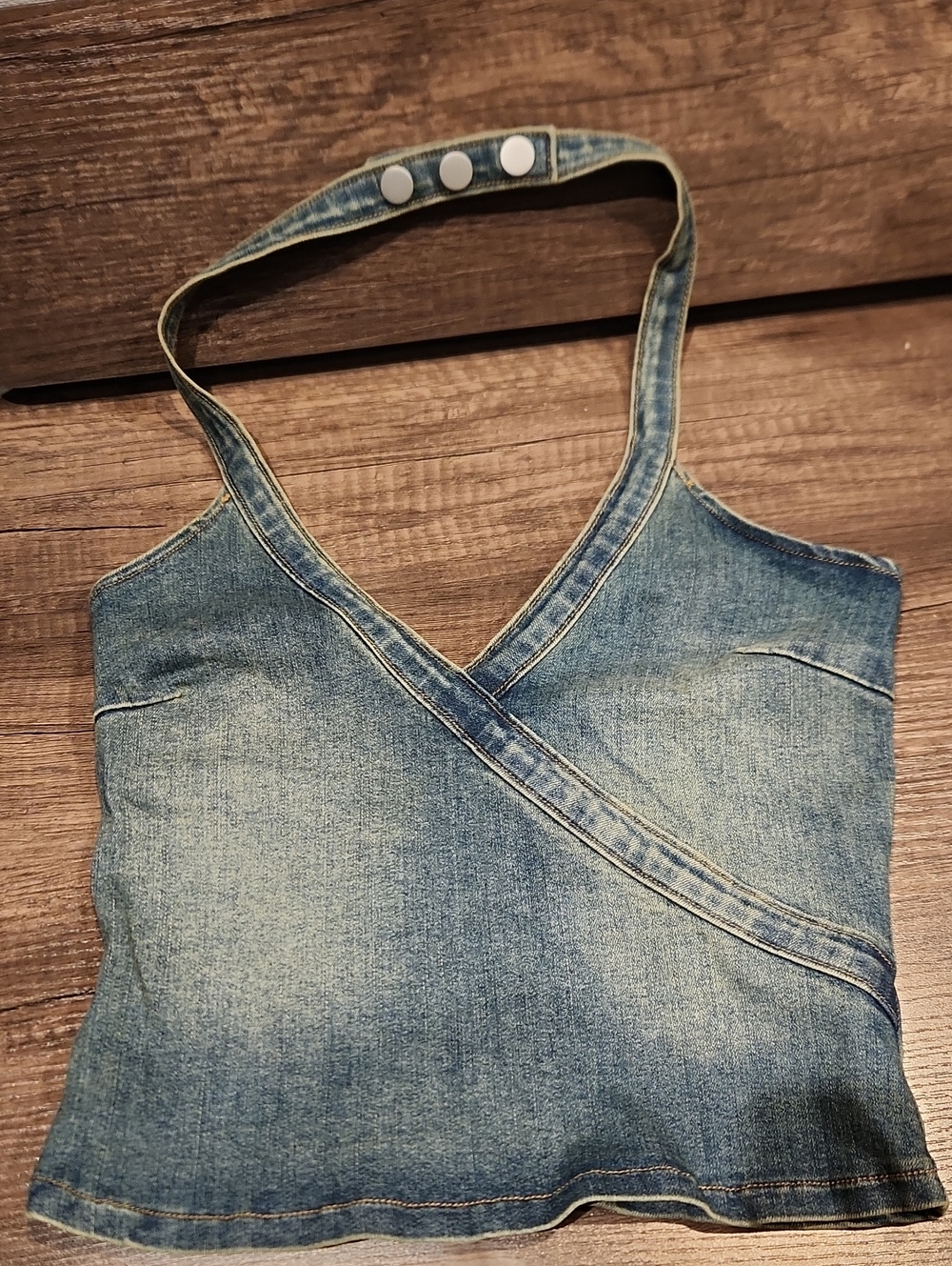 NWT Edikted Faded Blue Denim Crossover Halter Top SZ S